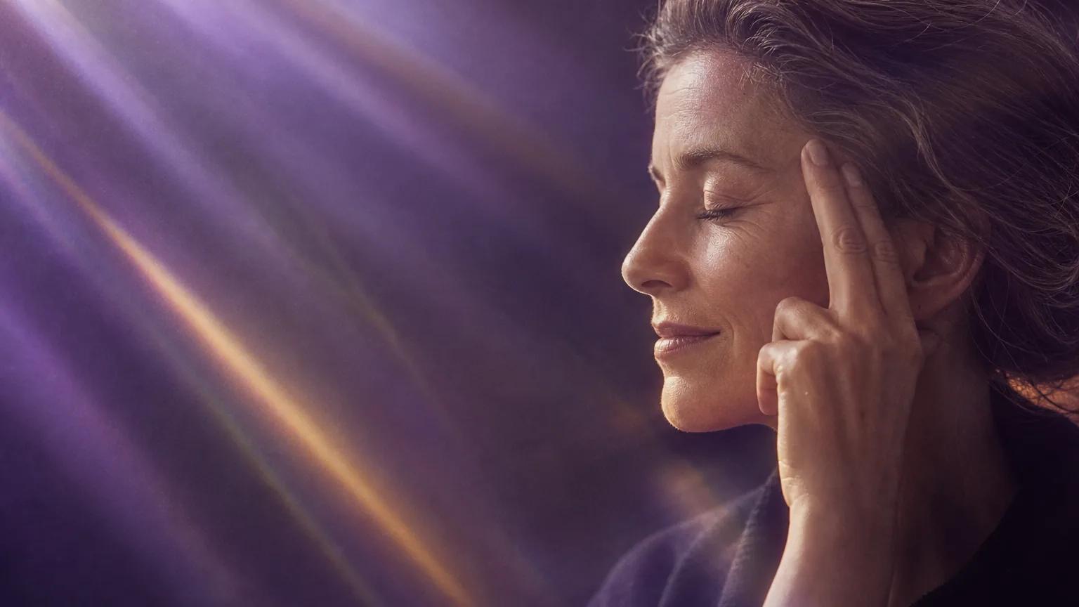 A woman in her late 40s with fingertips at her temple, eyes closed, in violet light.