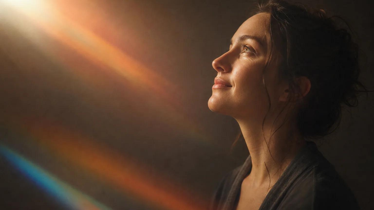 A woman in profile looking up into warm light, calm and thoughtful.