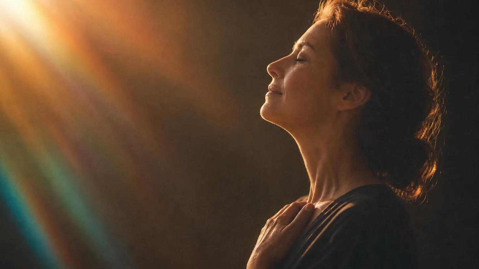 A woman in profile with her hand on her chest, eyes closed, in warm amber light.