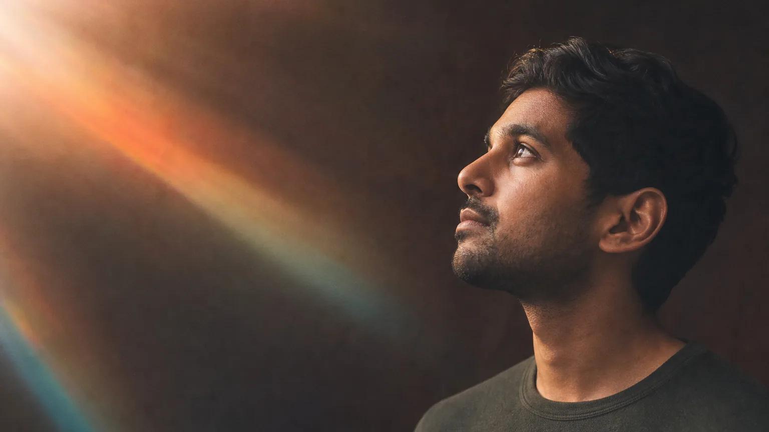 A South Asian man in his 30s looking up and away in thought, in warm light.