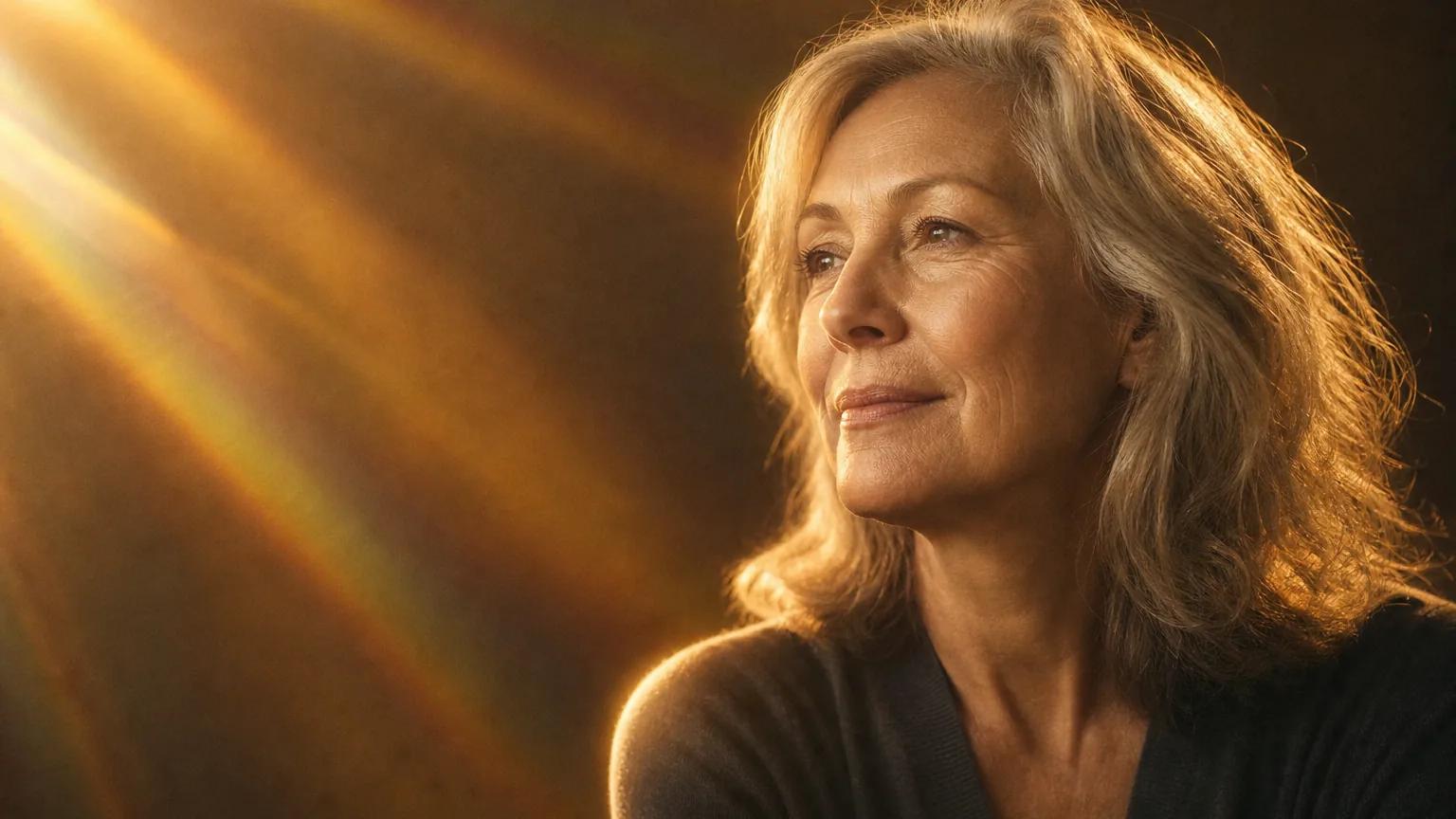 A woman in her 60s with a calm, reassured expression in warm golden light.