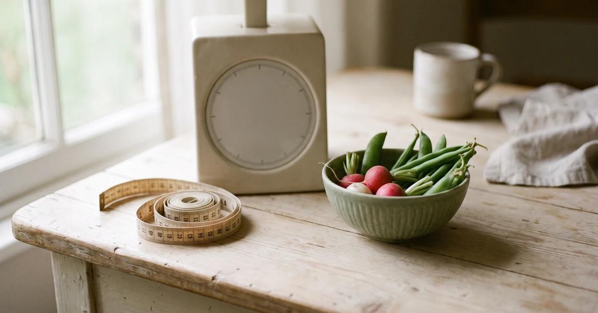 A tape measure and a set of kitchen scales on a table.