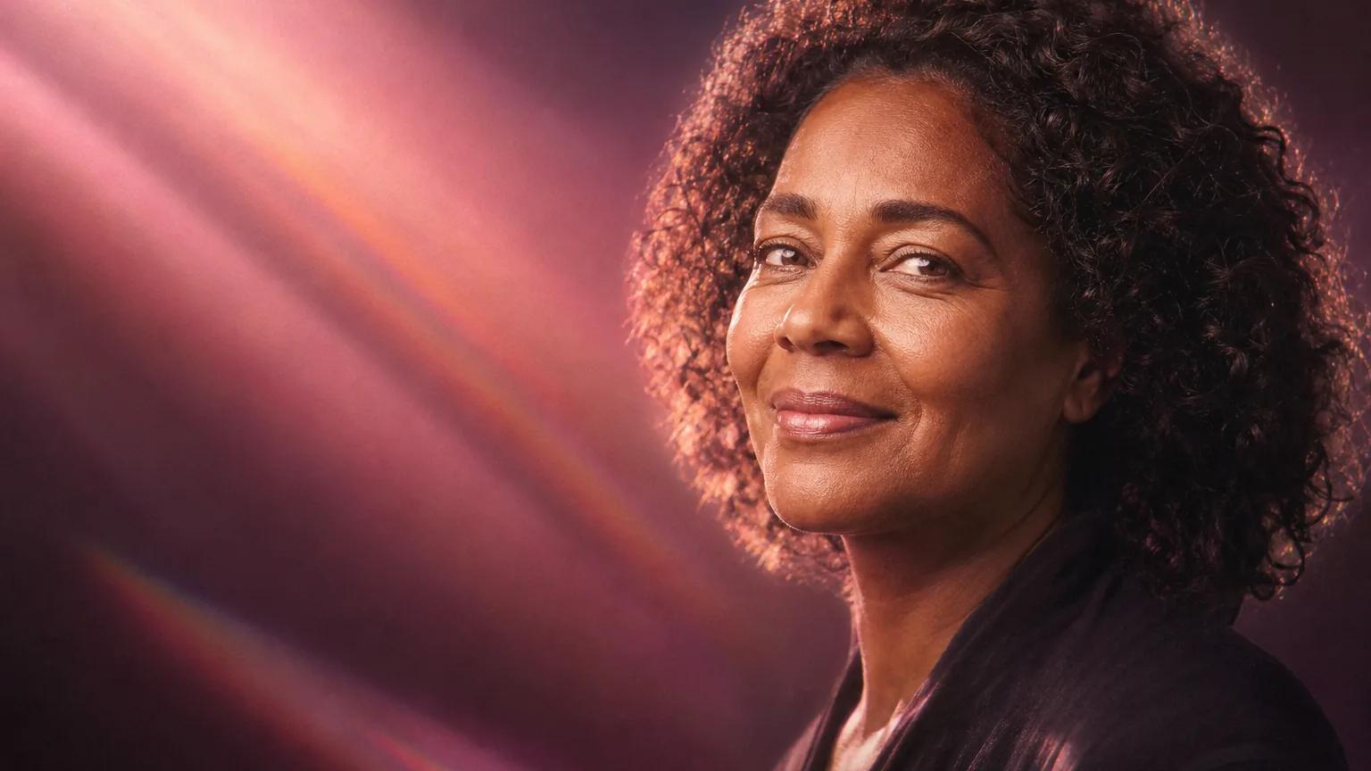 A Black British woman in her 50s smiling warmly in soft rose light.