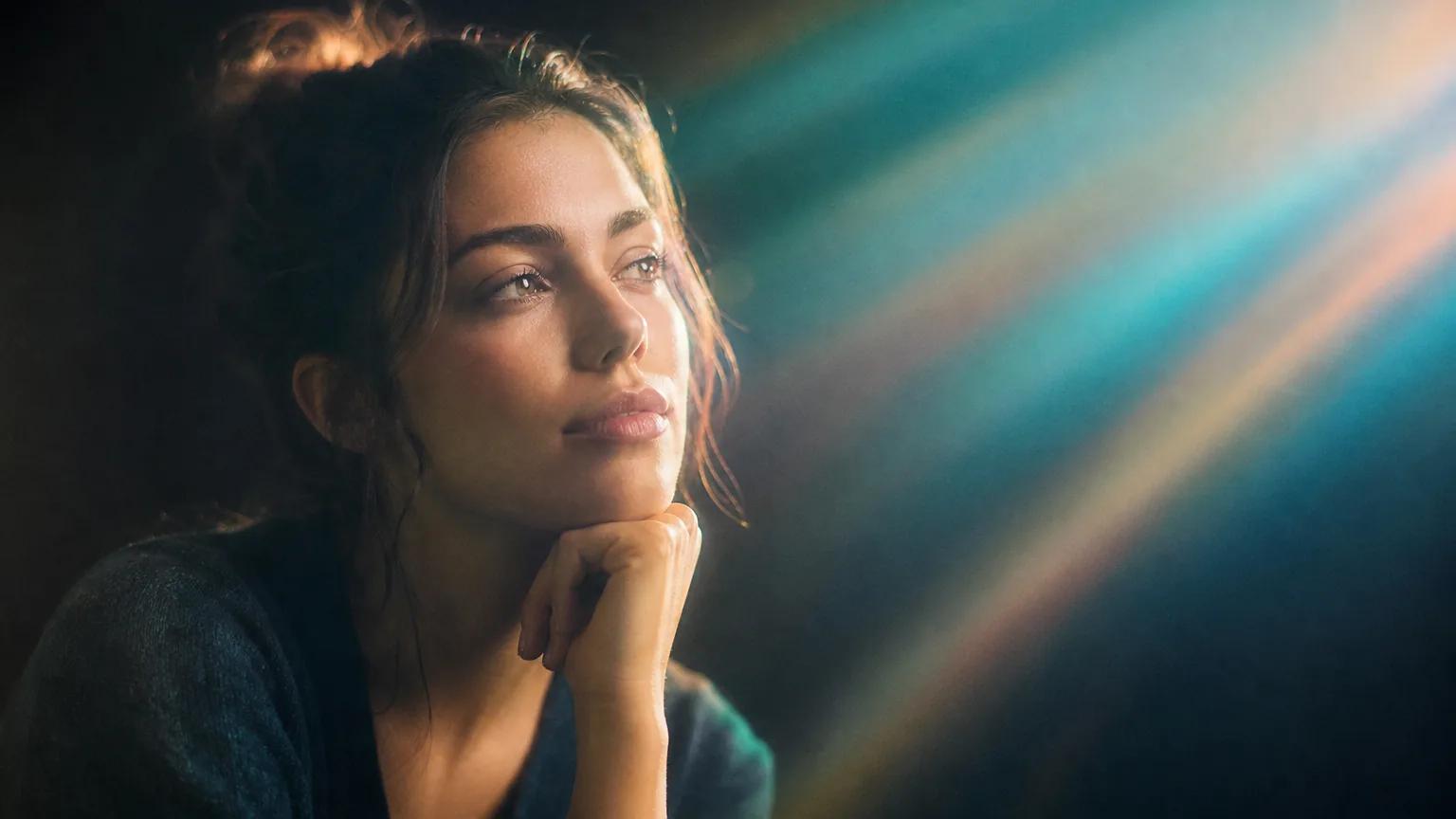 A young woman resting her chin on her hand, gazing into the distance, in soft aqua light.