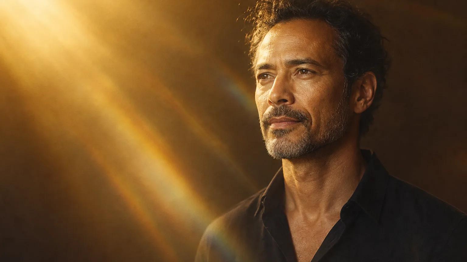 A man in his 40s in an open-collar shirt, calm and confident, in golden light.