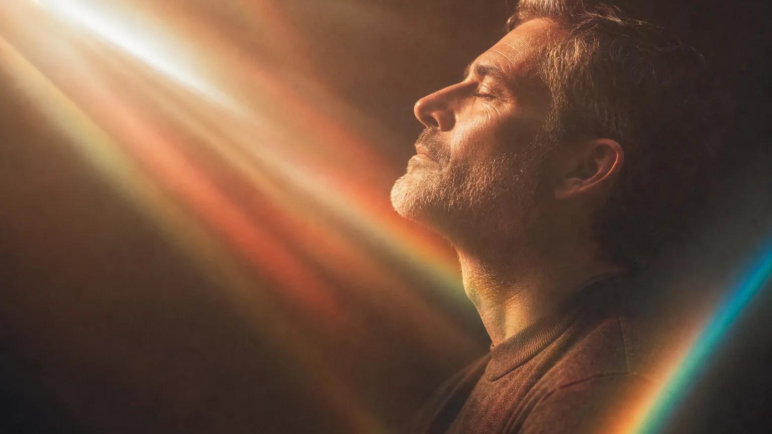 A man in his late 40s with a greying beard in profile, eyes closed, head tilted up into warm light.
