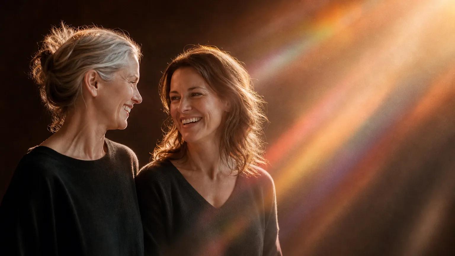 Two women of different ages laughing together in warm peach light.