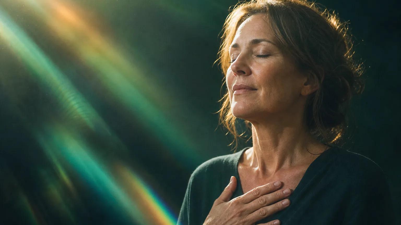 A woman in her late 40s, eyes closed, hand flat on her chest, breathing calmly in green light.