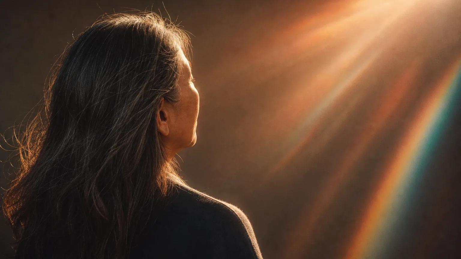 A woman seen from behind with long loose hair, warm light glowing through the strands.