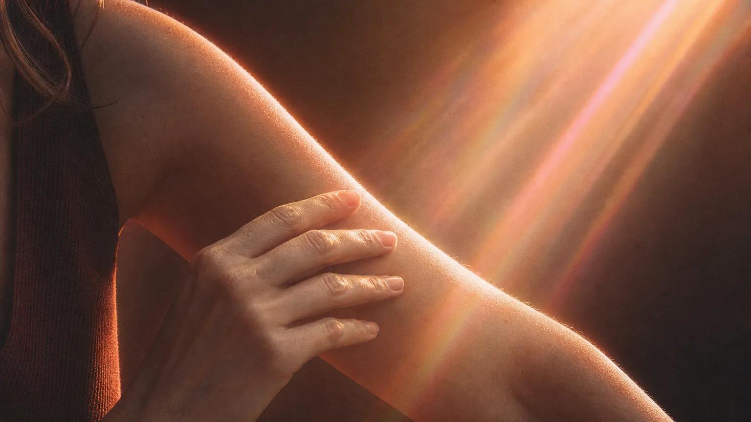 Close-up of a hand resting lightly on a forearm as warm light falls across the skin.