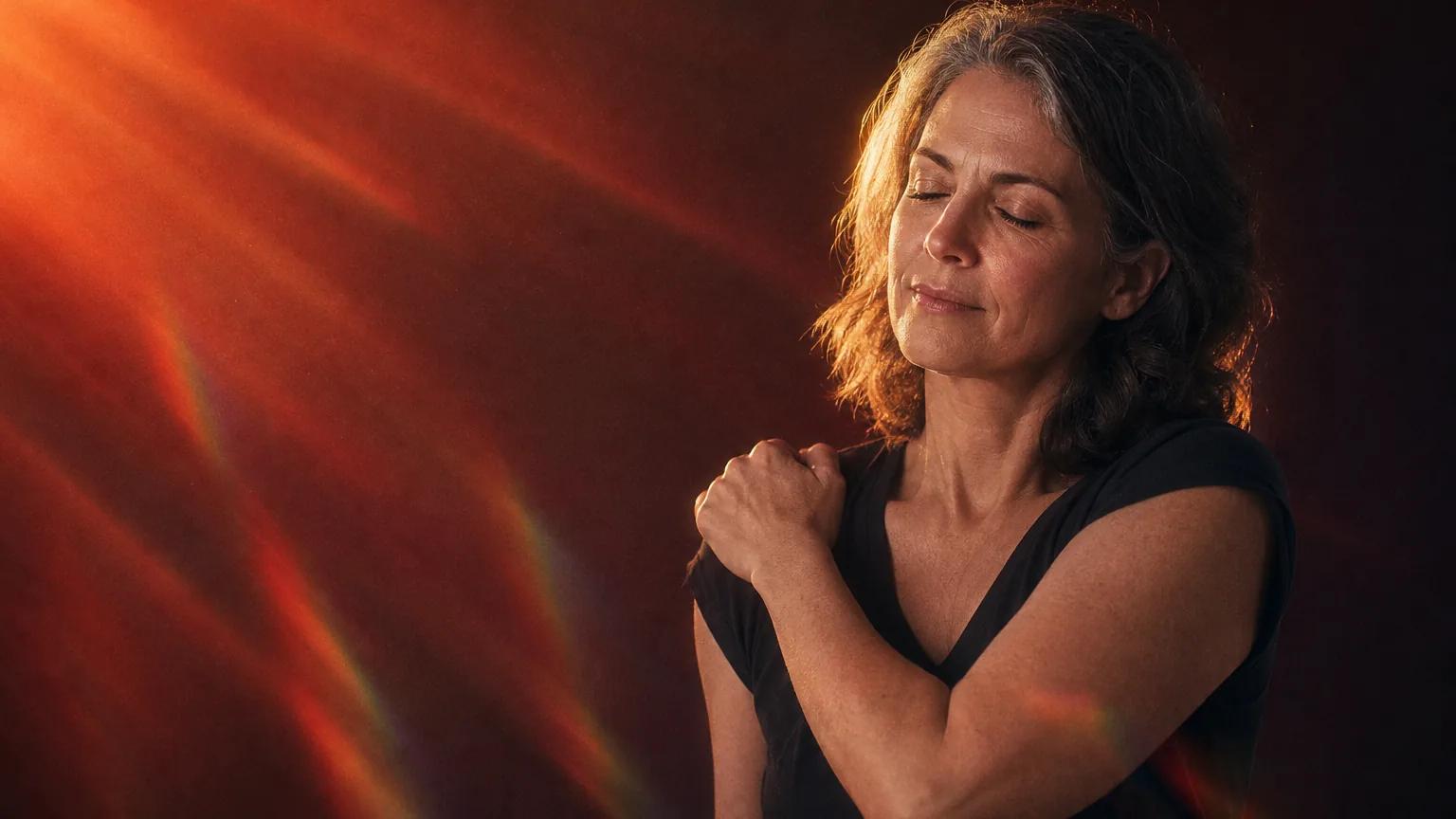 A woman in her 50s with one hand on her shoulder, eyes closed, in deep red light.
