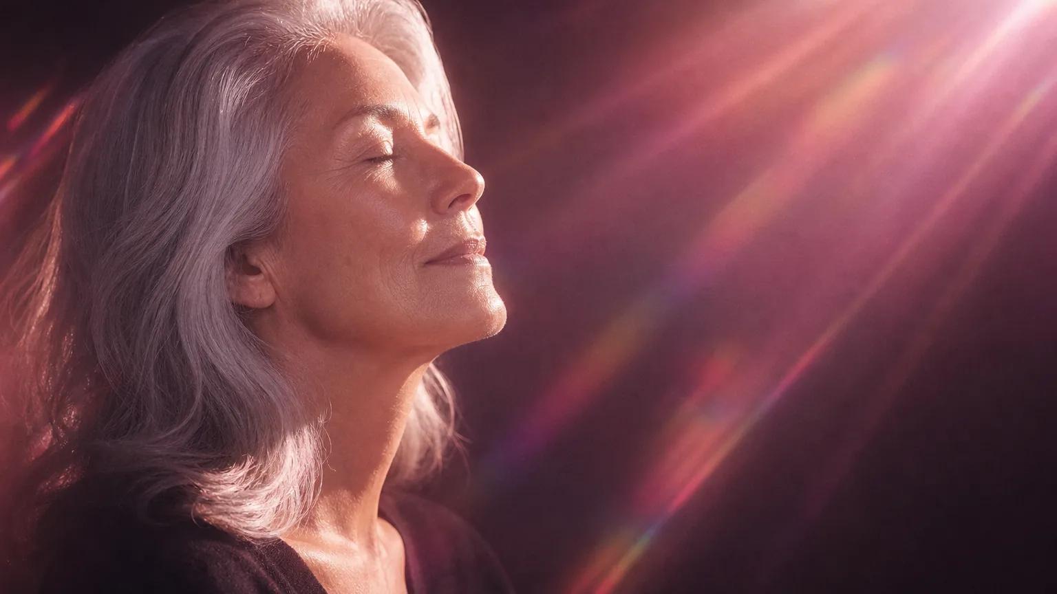 A woman in her late 50s with silver hair in profile, eyes closed, in rose-pink light.