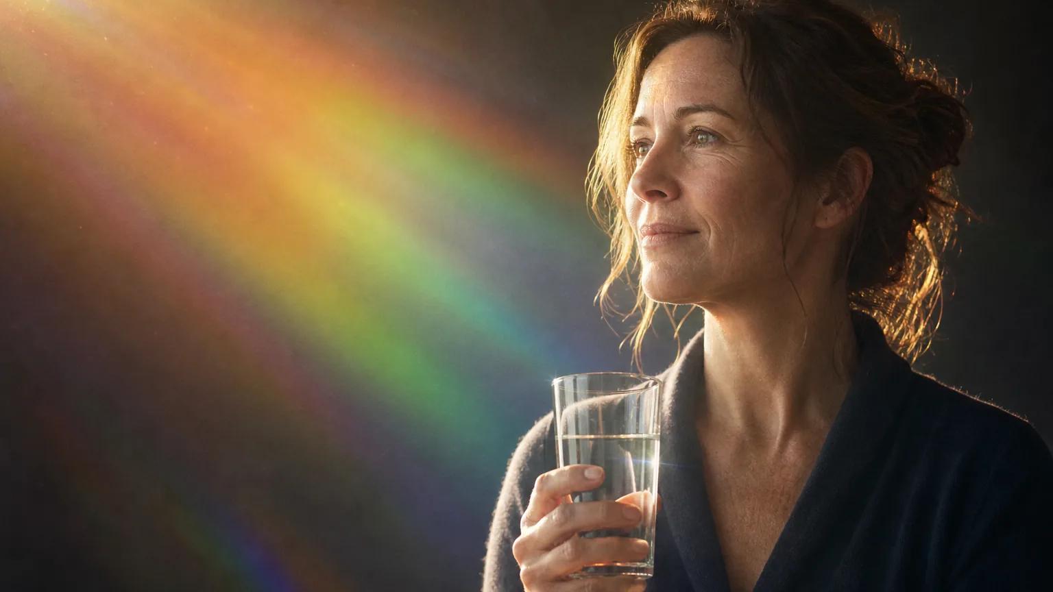 A woman in her 40s holding a glass of water, looking into rainbow-coloured light.