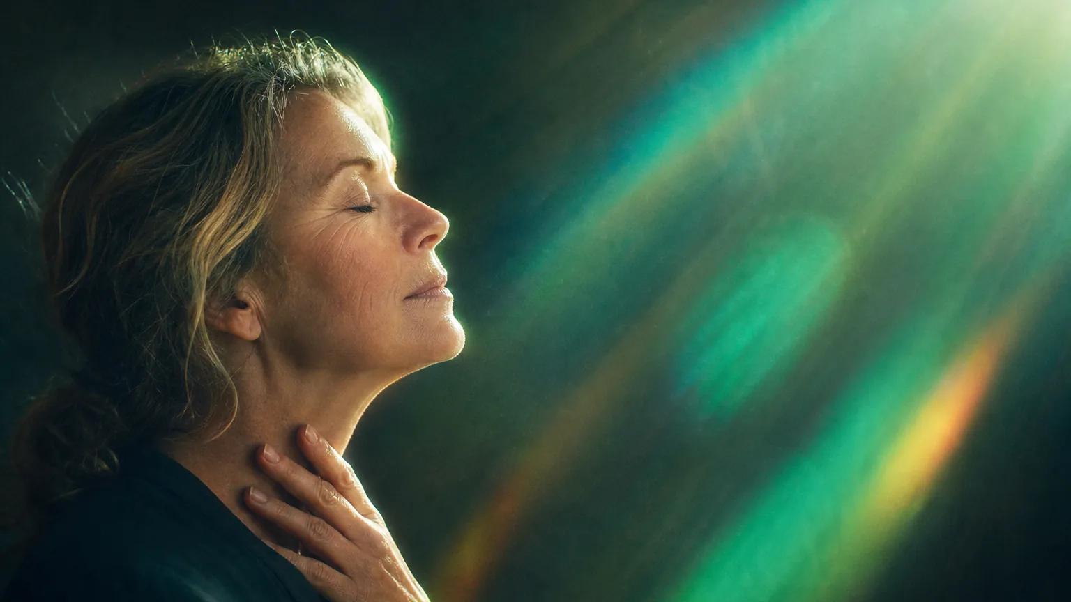A woman in her 50s, eyes closed, fingertips resting at the front of her neck, in soft green light.