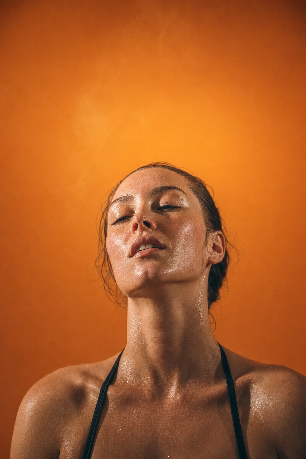A woman with her eyes closed and head tilted back against a warm orange backdrop