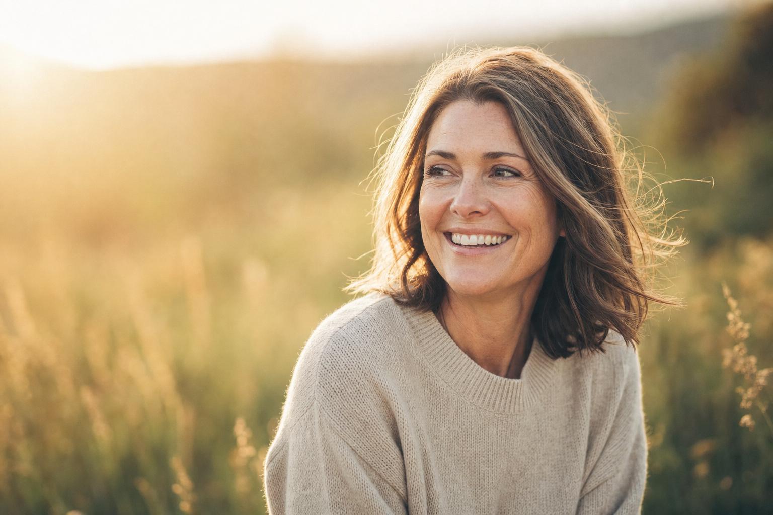 A smiling woman in a cream jumper standing in a sunlit field.